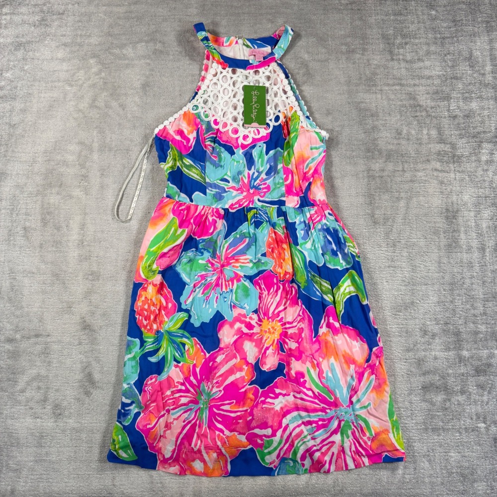 Lilly Pulitzer Dress Womens 4 Blue Floral Kinley Halter Eyelet Lace Pockets NWT